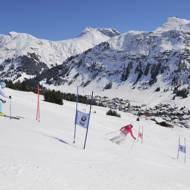 Two skiers on a downhill course with gates against a snowy mountain backdrop.