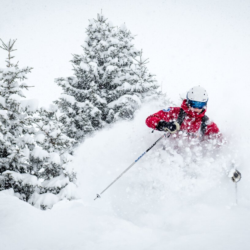 Skifahrer in roter Jacke fährt durch tiefen Schnee im Wald.