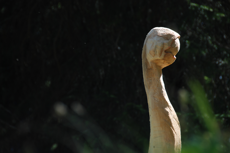 A carved wooden figure standing in the dark forest light.