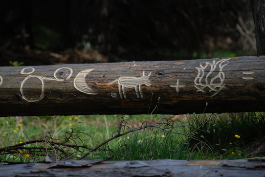 Log with a carved circle, crescent, animal and fire.