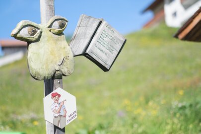 Wooden signpost and mascot at the sunny Kriegerhorn family mountain.