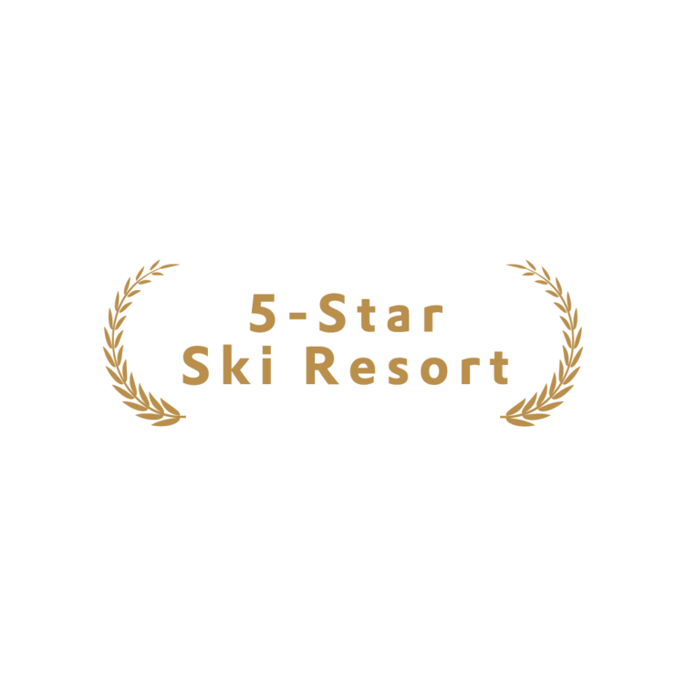 Goldene Lorbeerkränze mit "5-Star Ski Resort" Text in der Mitte.
