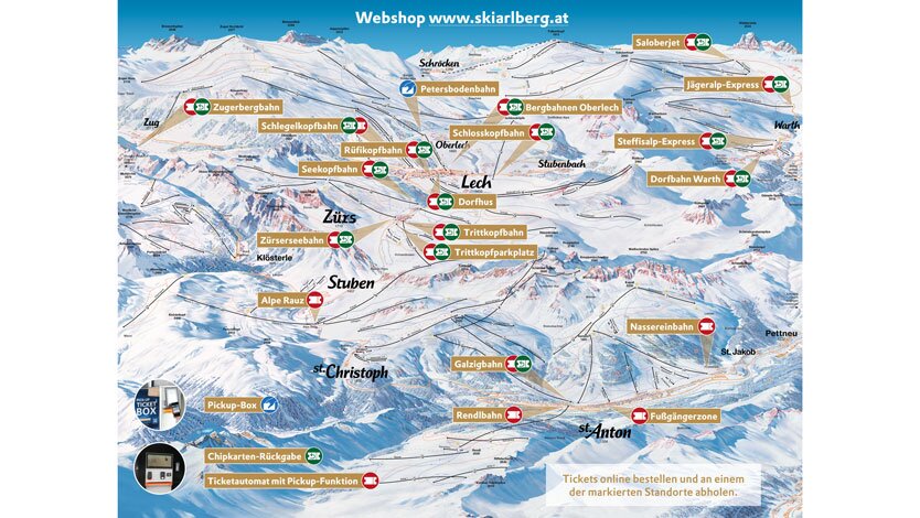 Overview map of Ski Arlberg ski resort with lifts, pistes and towns such as Lech, Zürs, St. Anton, Stuben.
