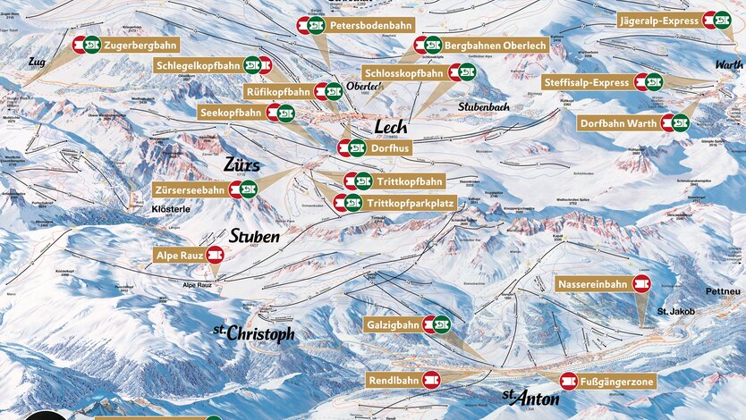 Overview map of Ski Arlberg ski resort with lifts, pistes and towns such as Lech, Zürs, St. Anton, Stuben.