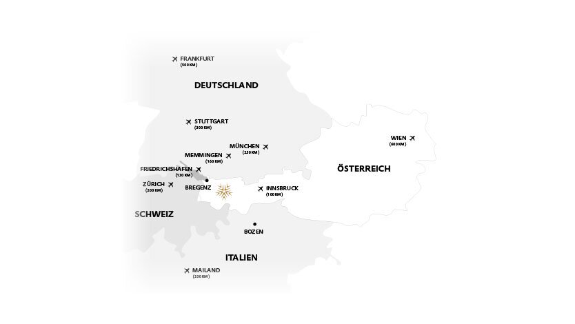 Map showing airports near Bregenz, Austria.
