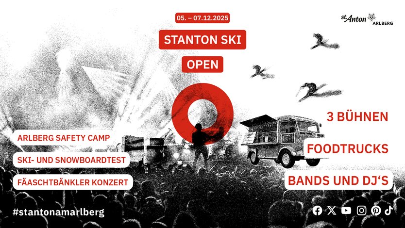 Ankündigung für Stanton Ski Open vom 5. bis 7. Dezember 2025 in St. Anton. Musik, Foodtrucks, Bühnen und Skitests.