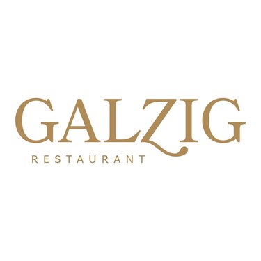 Galzig restaurant logo in golden text on white background.