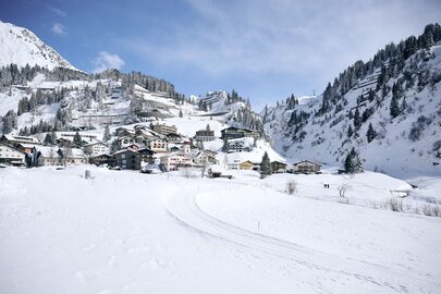 A village in snowy mountains with colorful houses and fir trees.