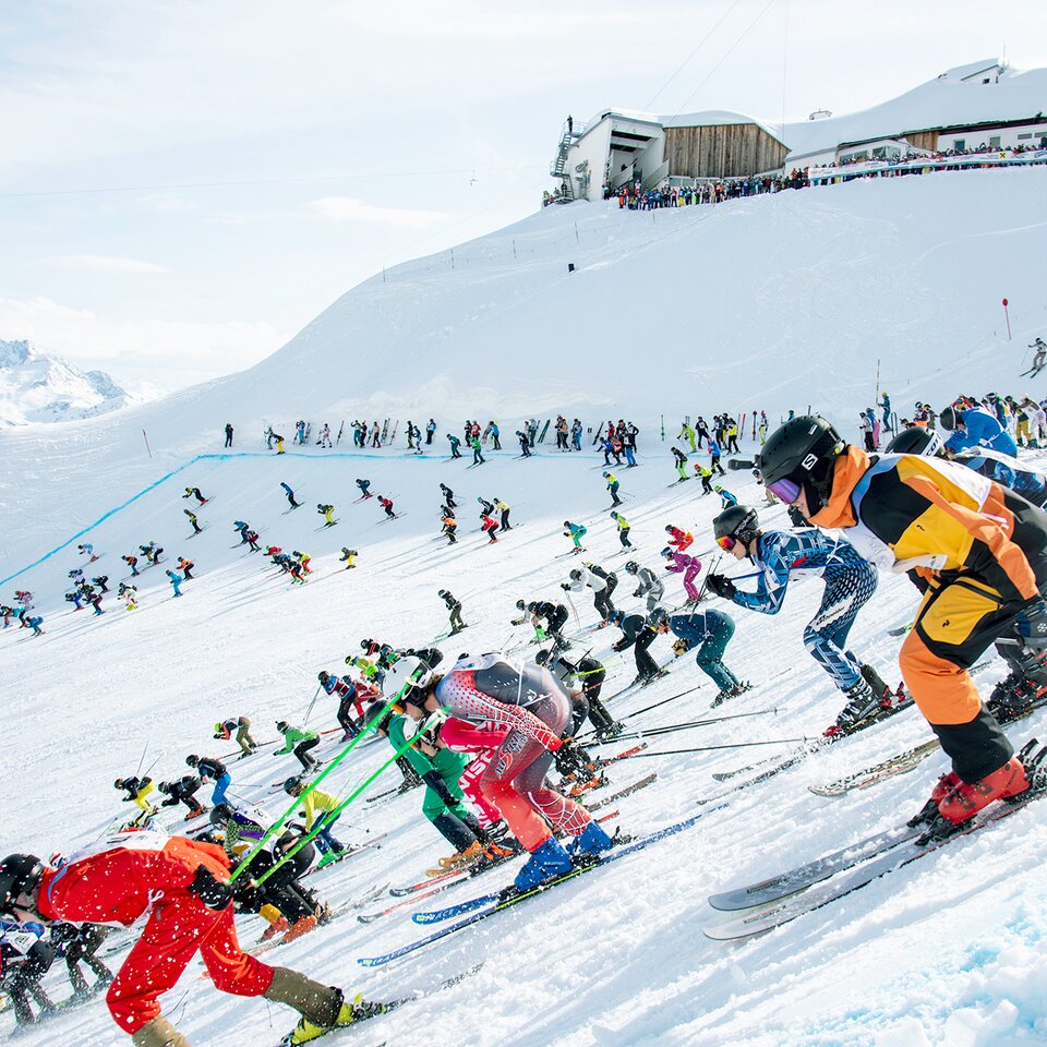 Ski competition with many skiers in St. Anton am Arlberg.