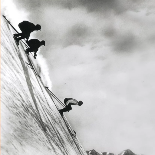Schwarz-Weiss-Bild von drei Skifahrern in rasanter Abfahrt auf einer steilen Piste.