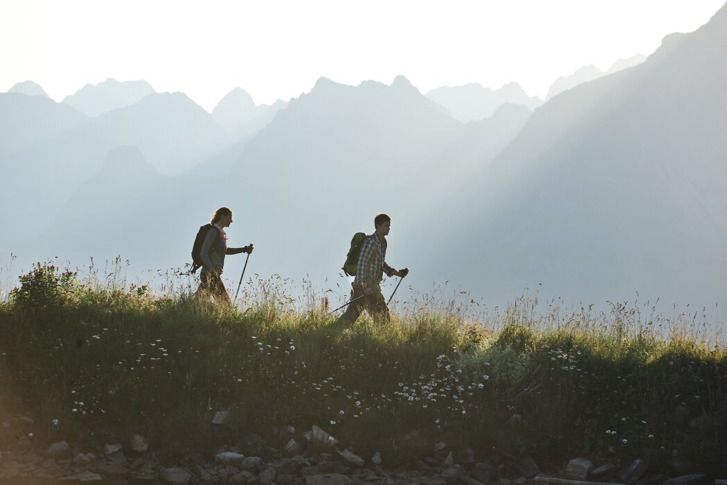 Two hikers with backpacks and poles on a mountain trail.